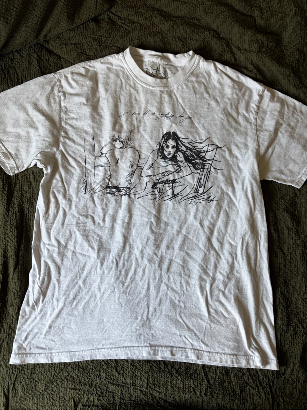 White Graphic Short Sleeve Tee with Sketch Illustration